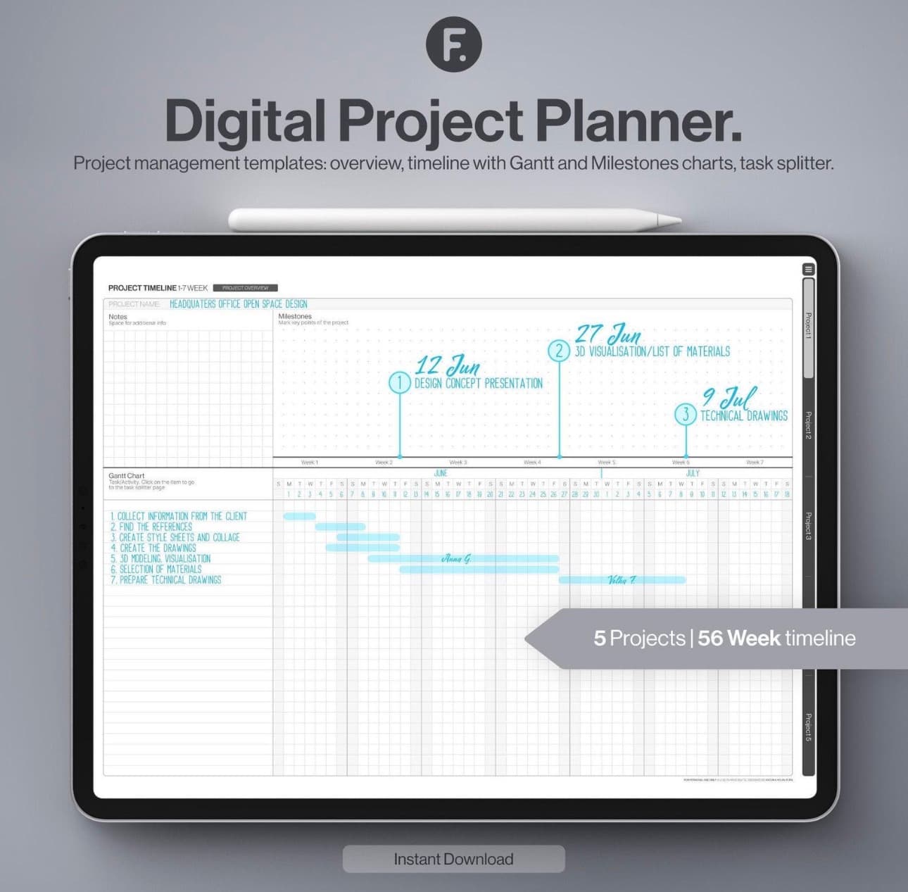 Freelancer Project Management Pack preview with project tracking and delivery planning pages