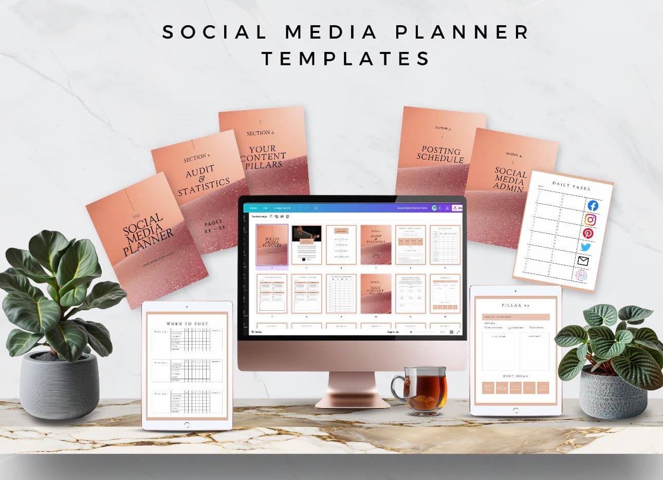 Marketing Calendar & Content Planner preview with a content calendar and campaign planning pages